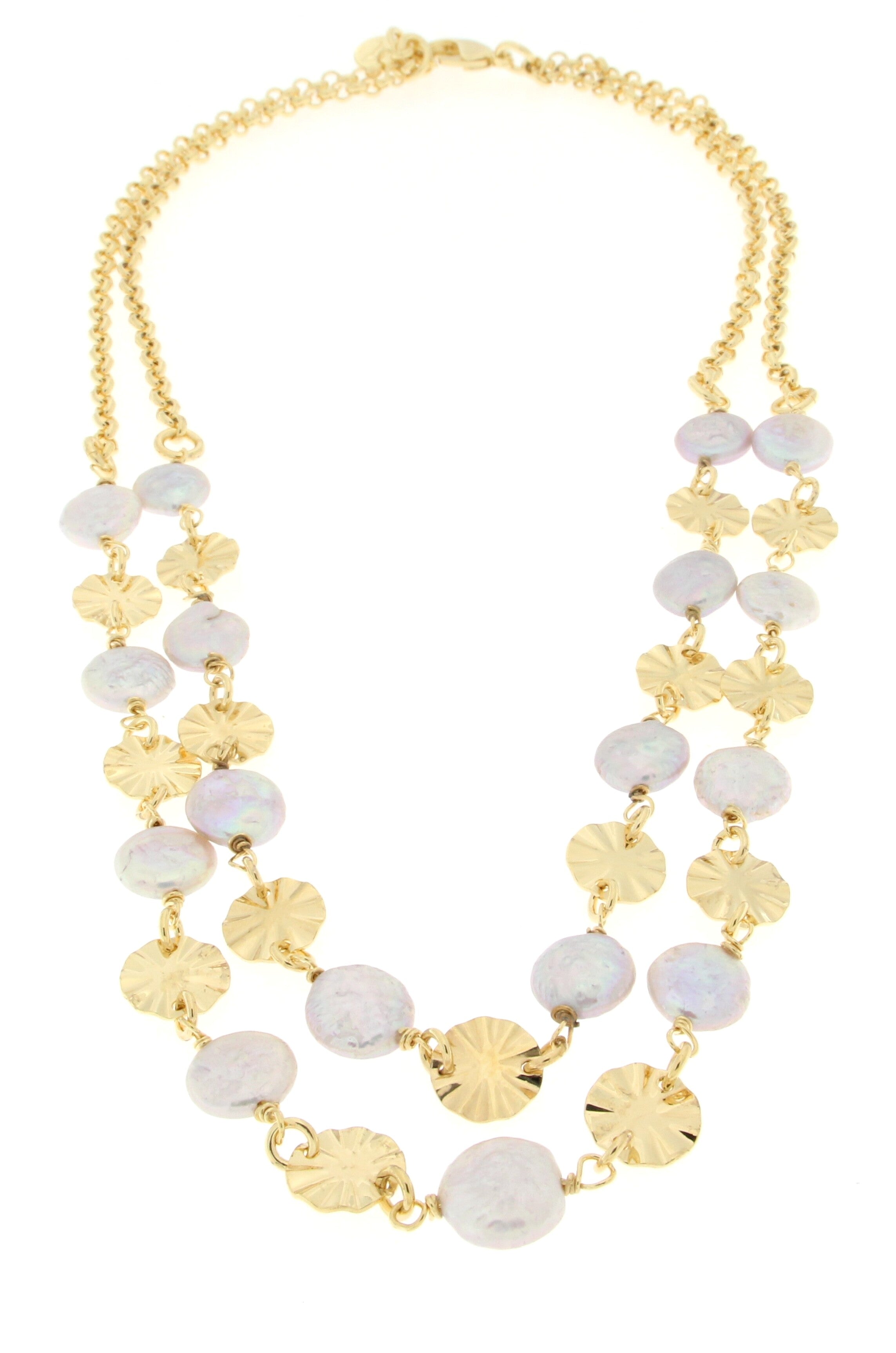 Gold necklace with a layered design featuring glossy round beads and textured gold discs for an elegant look.