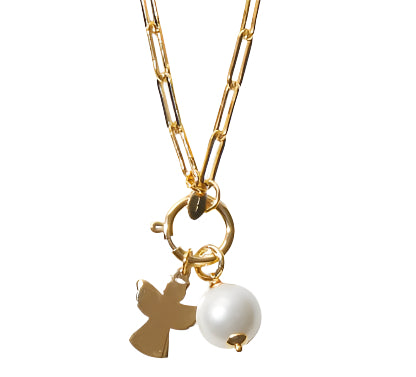 This 18" baby paperclip necklace features a removable angel and pearl pendants, adding versatility to its elegant gold plated design. Elevate any outfit with this timeless piece.