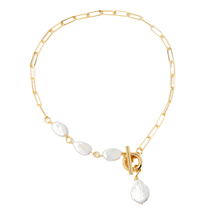 18kt. Yellow gold plate Paperclip Baroque Pearl Drop and Stations