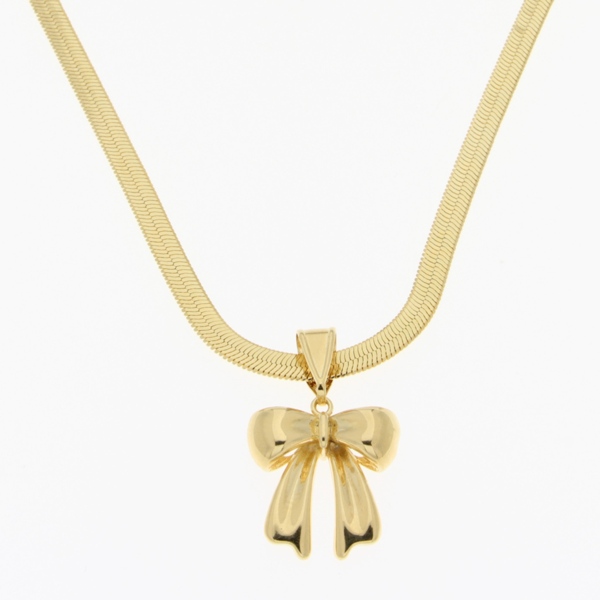 18kt Gold Plated Bow Slider Necklace – 16" Herringbone Chain + 2" Extender