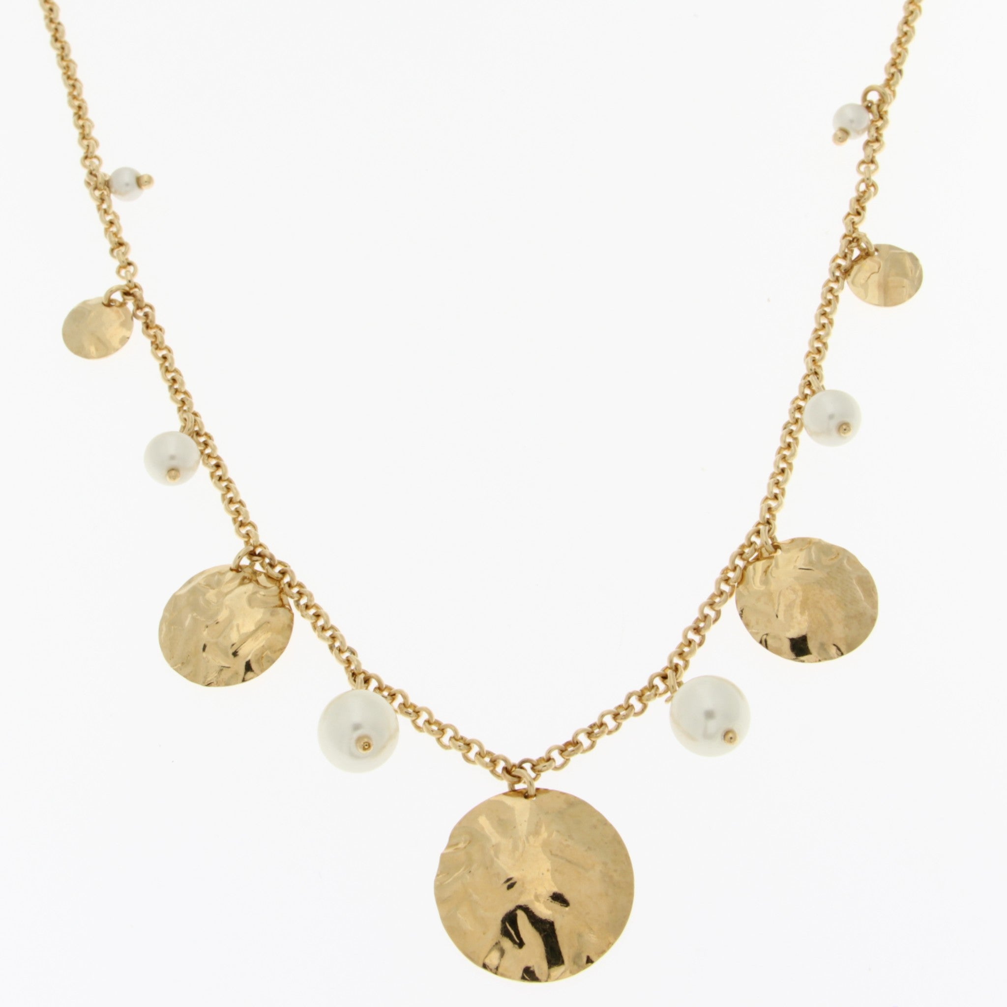Hammered Discs and Pearls Necklace 18"+ 2"