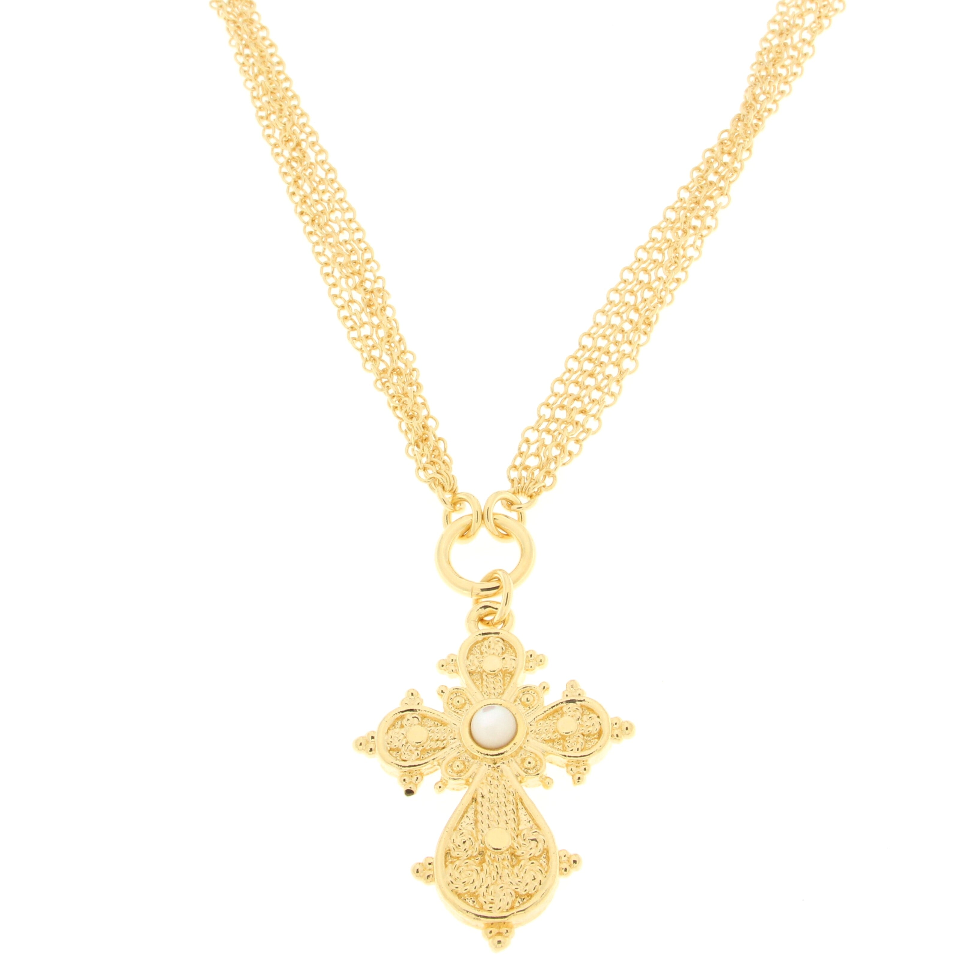 Filigree Electroform Cross Necklace with White Agate | 18K Gold Plated | Bronzoro™