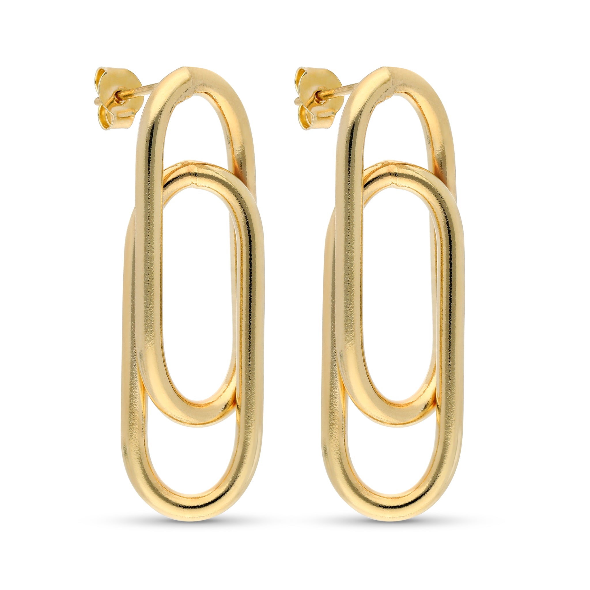 A unique pair of earrings designed in the shape of oversized paper clips. The earrings are made of polished gold-tone metal, showcasing a smooth, shiny finish. Each earring features a modern and minimalist design, with a double-loop structure that adds a playful touch. These statement earrings are perfect for adding a bold and contemporary flair to any outfit.