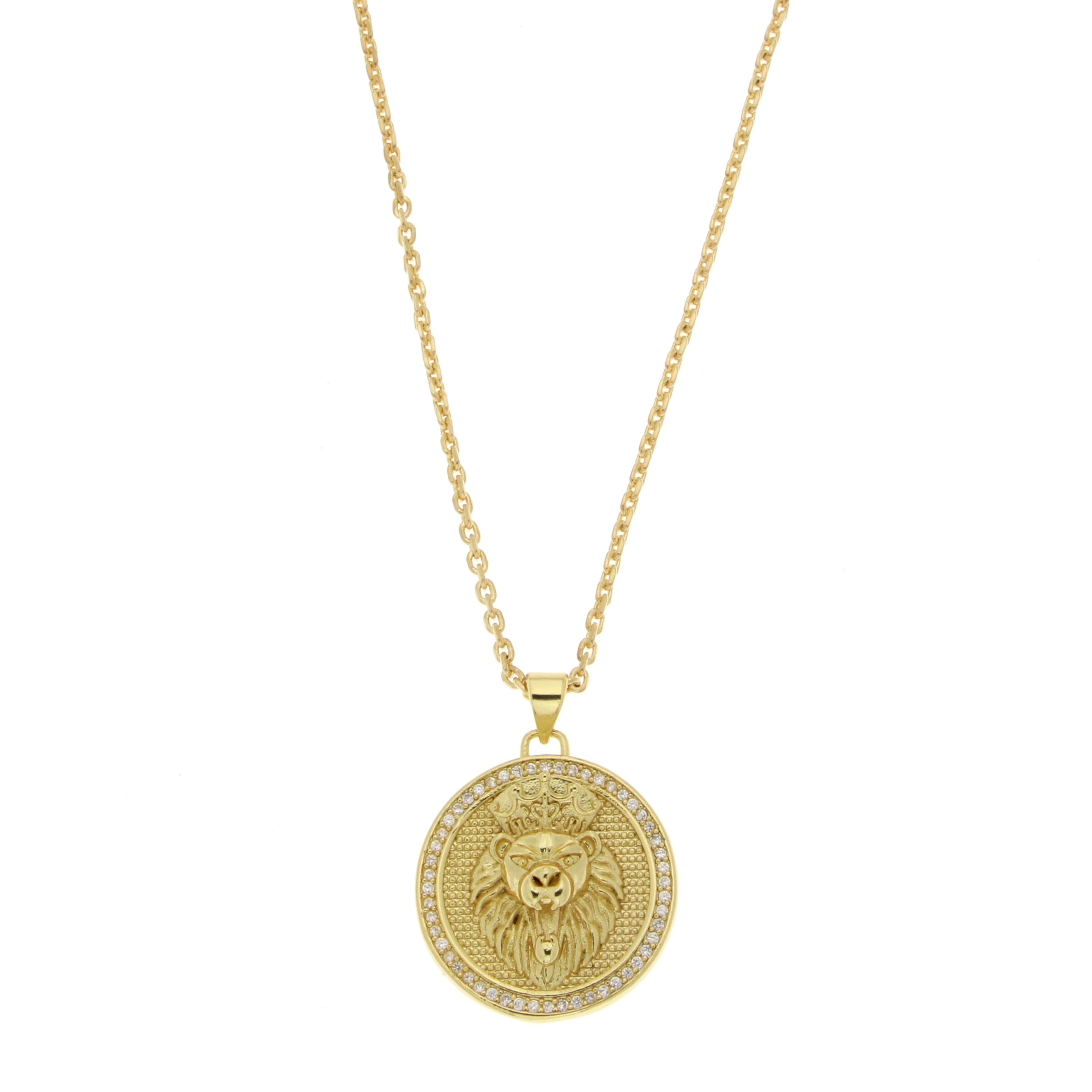 Lion Medallion Pendant Necklace 20" - CZ Halo | 18kt Gold Plated | Made in Italy