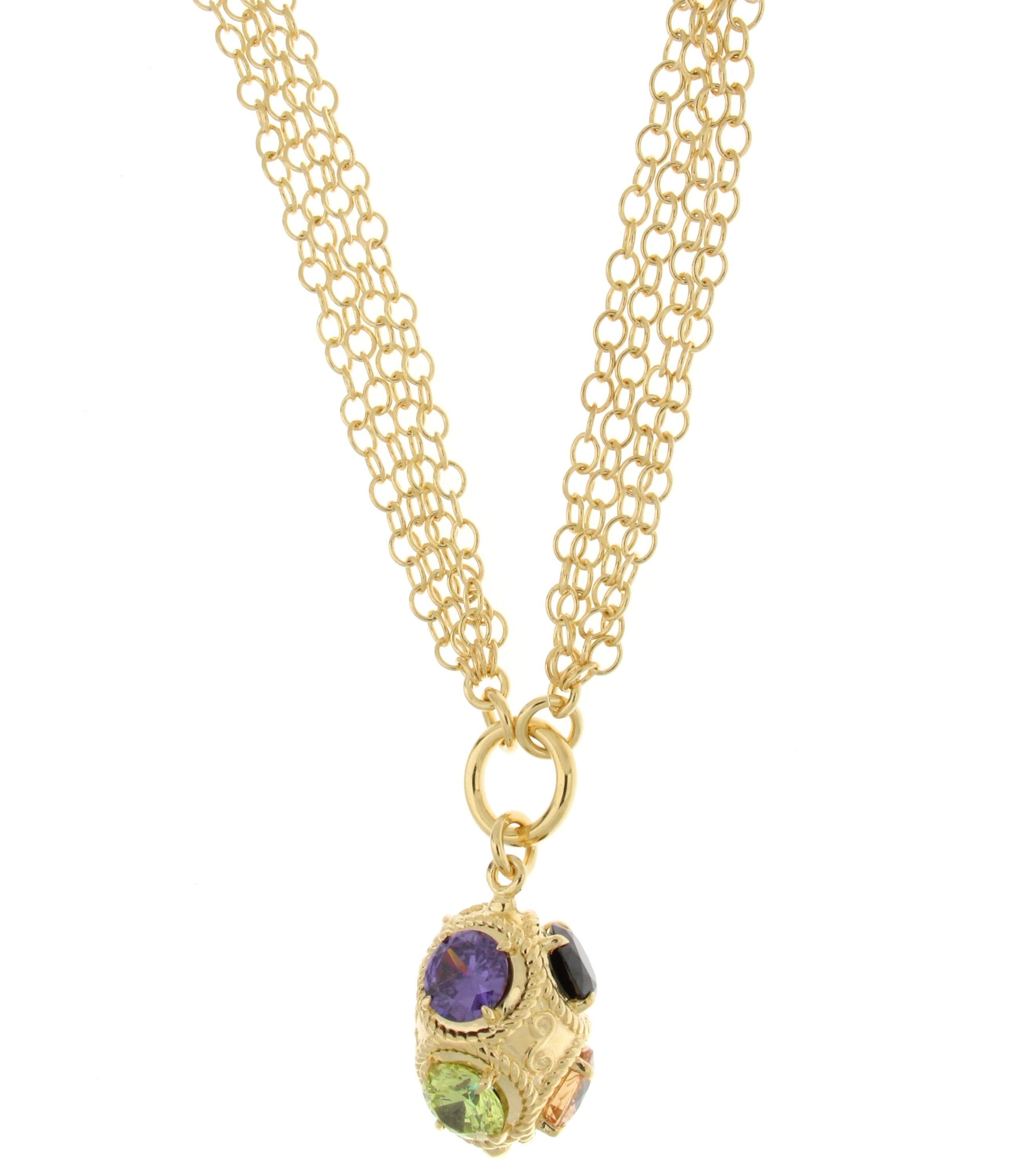 Elegant gold necklace with multiple strands of linked chains, featuring a spherical pendant adorned with colorful gemstones, including purple and green, for a striking and ornate look.