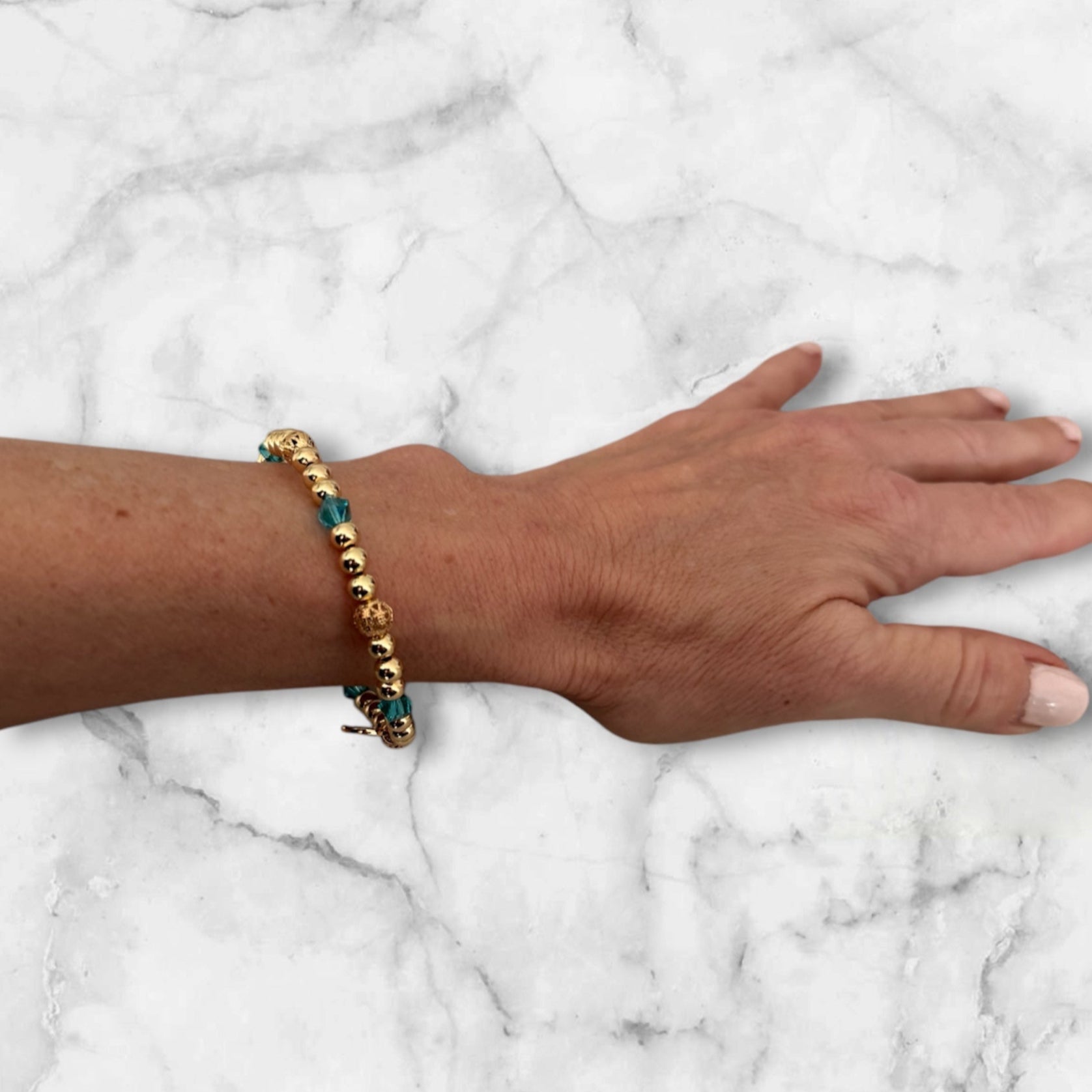 Filigree Beads & Blue Crystals Stretch Bracelet