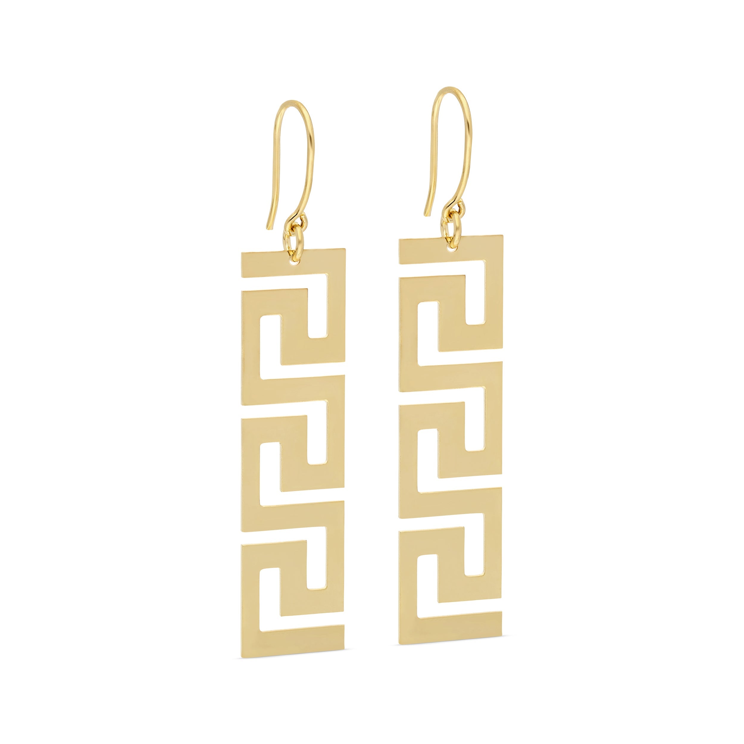 A pair of long, gold-tone dangle earrings featuring a geometric design. Each earring is composed of rectangular metal plates with a cut-out pattern forming a repeated Greek key motif. The earrings hang from thin, elongated hooks, allowing them to sway gently with movement, adding a touch of elegance and modernity to any outfit.