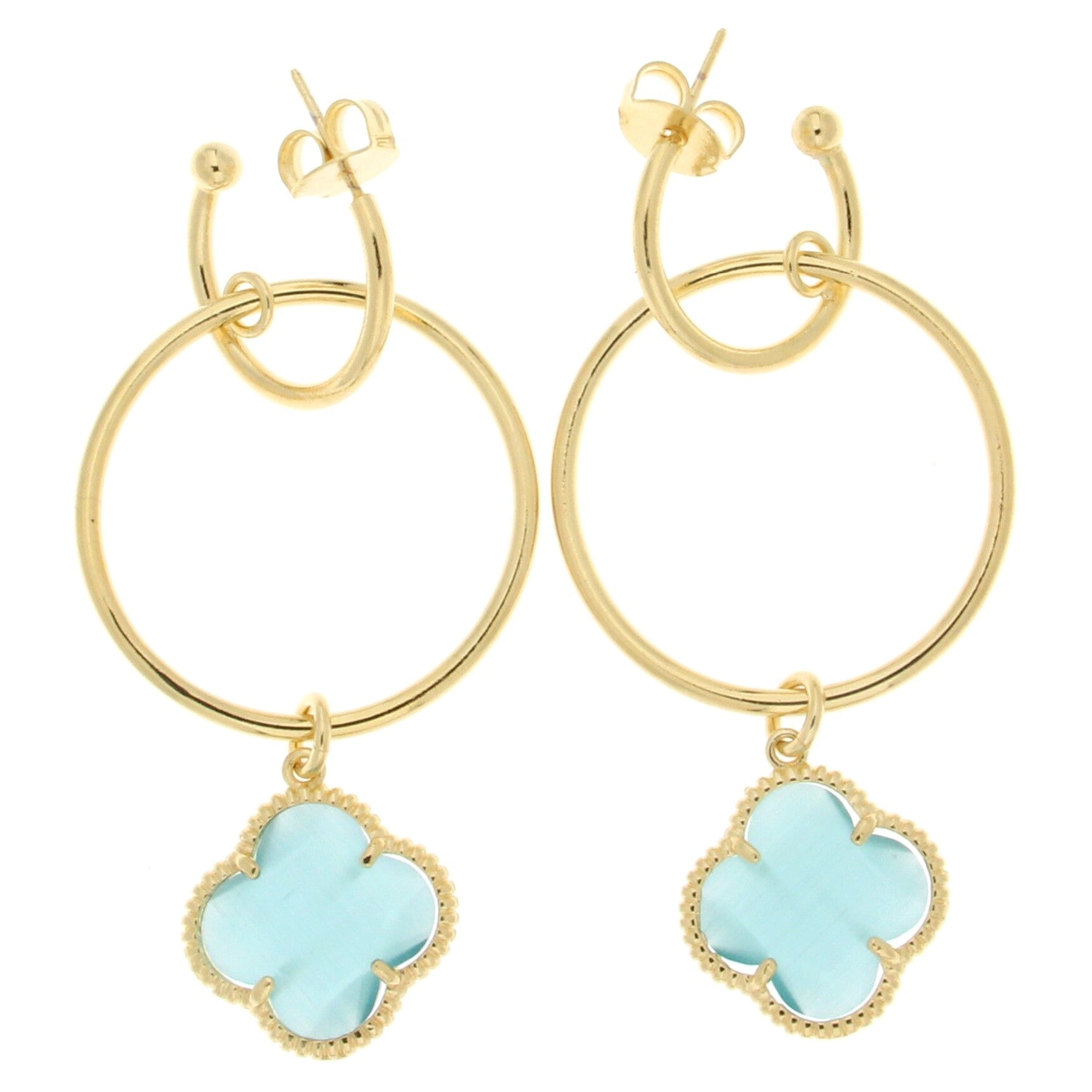 Elegant gold-tone hoop earrings featuring a large circular design adorned with a stunning light blue stone in the shape of a four-leaf clover.
