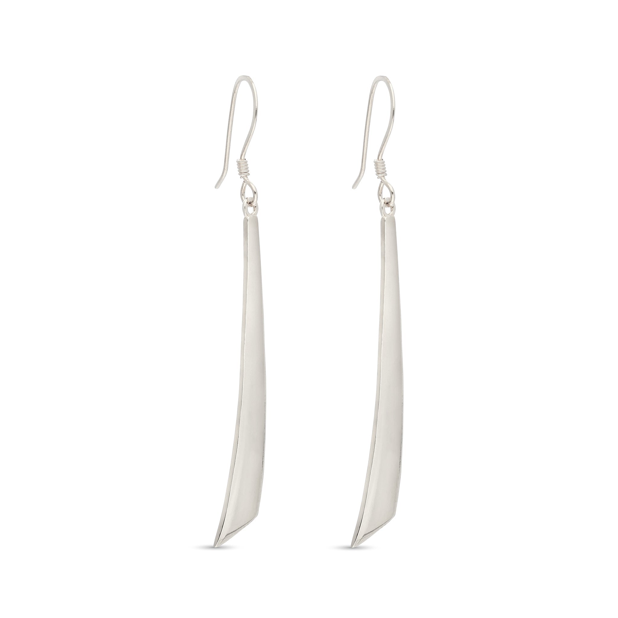 Sleek and modern silver-tone earrings featuring elongated, tapered shapes that gracefully dangle from wire hooks. The minimalist design emphasizes clean lines and a polished finish, making these earrings a stylish accessory for both casual and formal outfits.