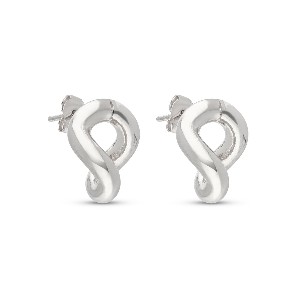 A pair of silver stud earrings designed in a twisted shape. The earrings feature a polished finish, showcasing a smooth and contemporary aesthetic.