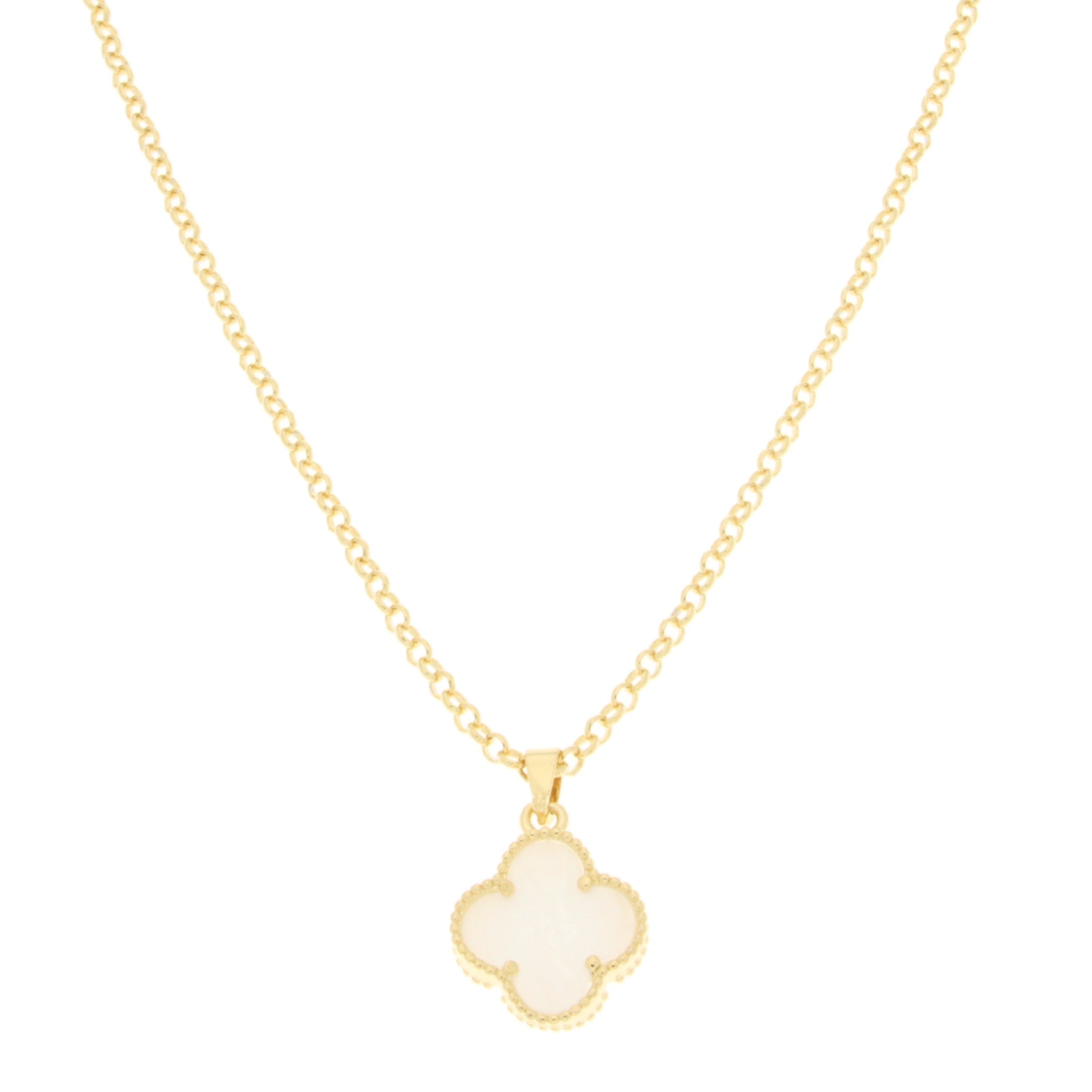 Single Mother Of Pearl Clover Pendant On 17 + 2" extension Rolo Chain