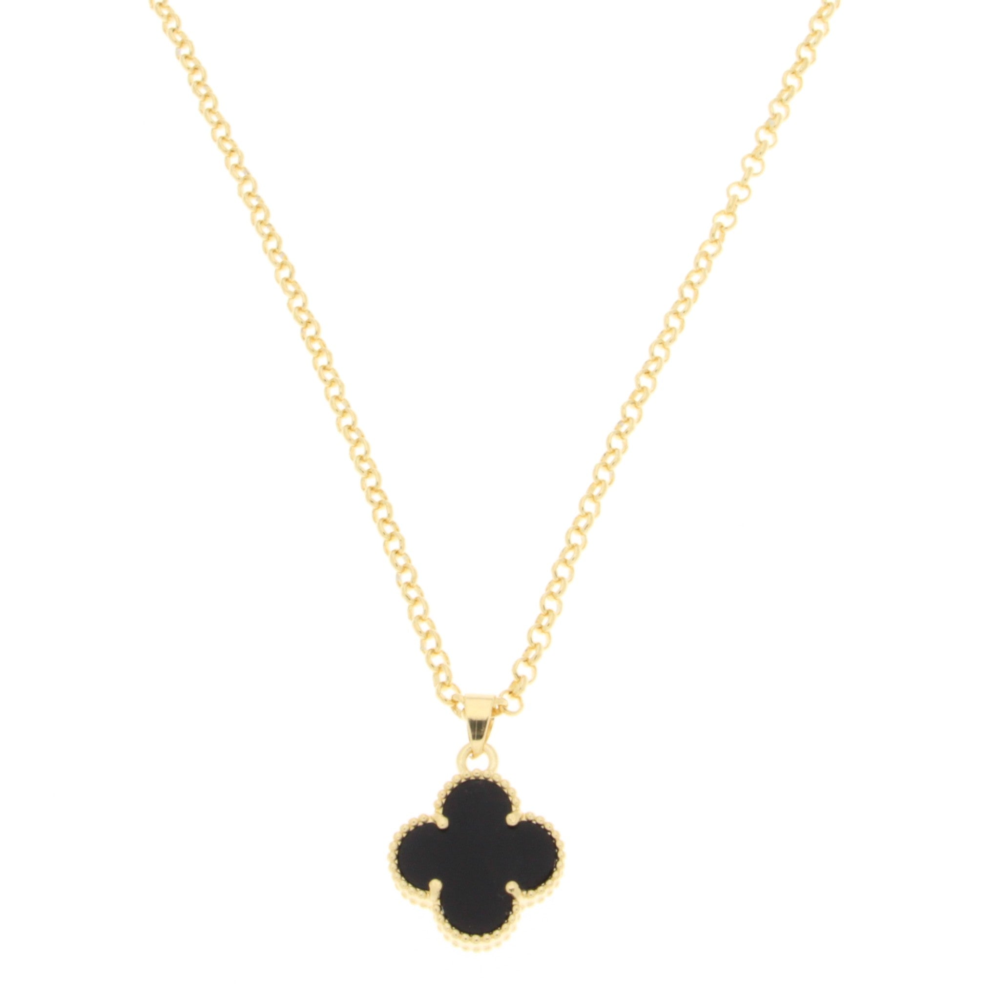 Single Onyx Clover Pendant On 17" + 2" Rolo Chain