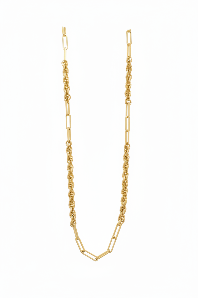 All Yellow Gold Rope Chain & Paperclip Link Necklace - White Background
