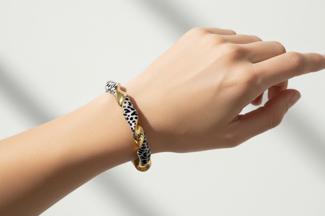 Black White Leopard Enamel Twisted Gold Bangle on Model Wrist
