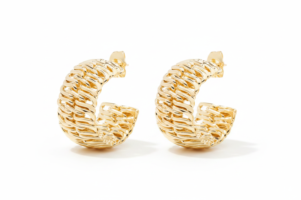 Chunky Gold Ribbed Hoop Earrings Pair