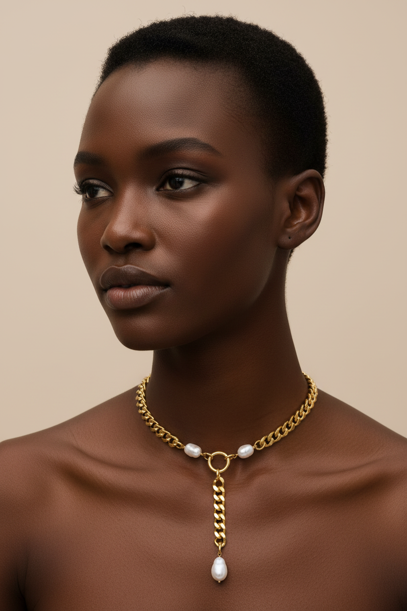 Curb Link Choker with Single Biwa Pearl Lariat on Model