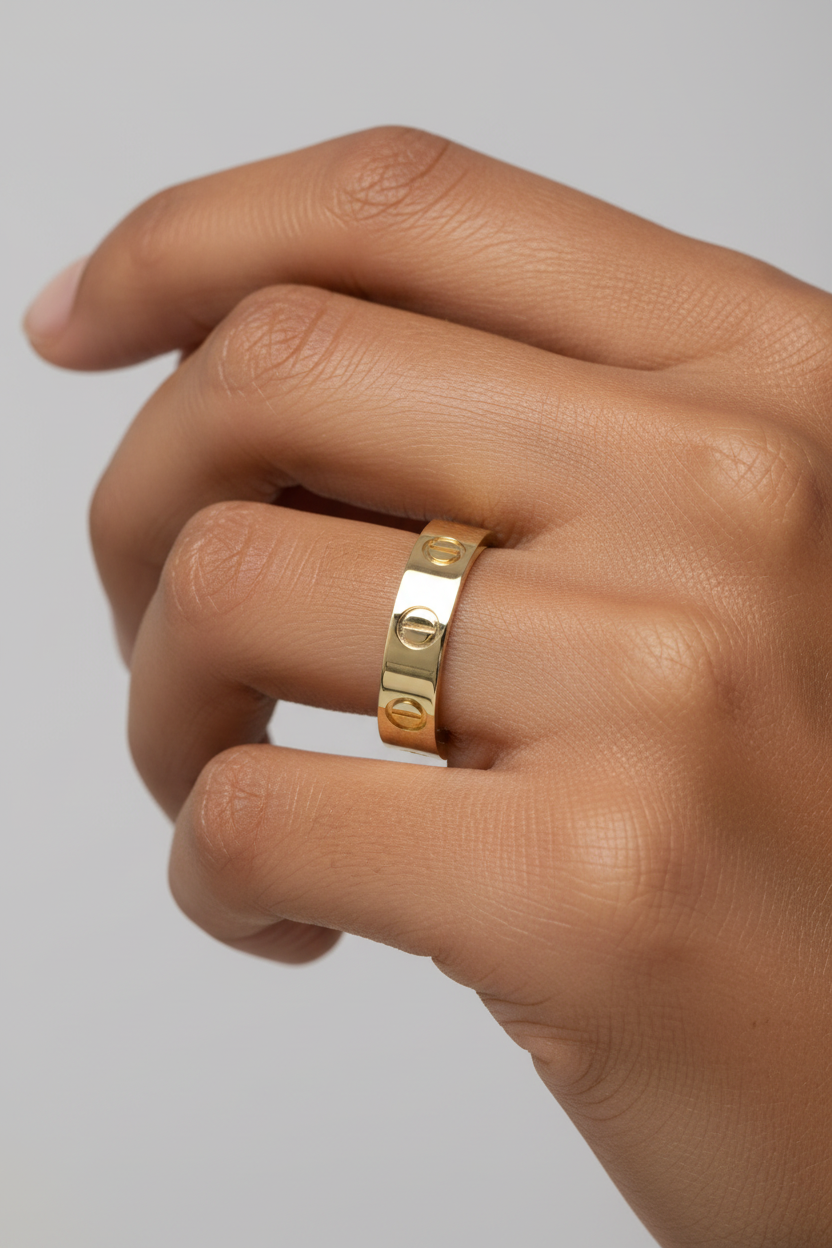 Diverse model wearing gold screw motif ring