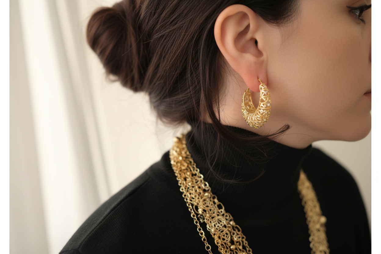Filigree Diamond-Cut Hoop Earrings on Model