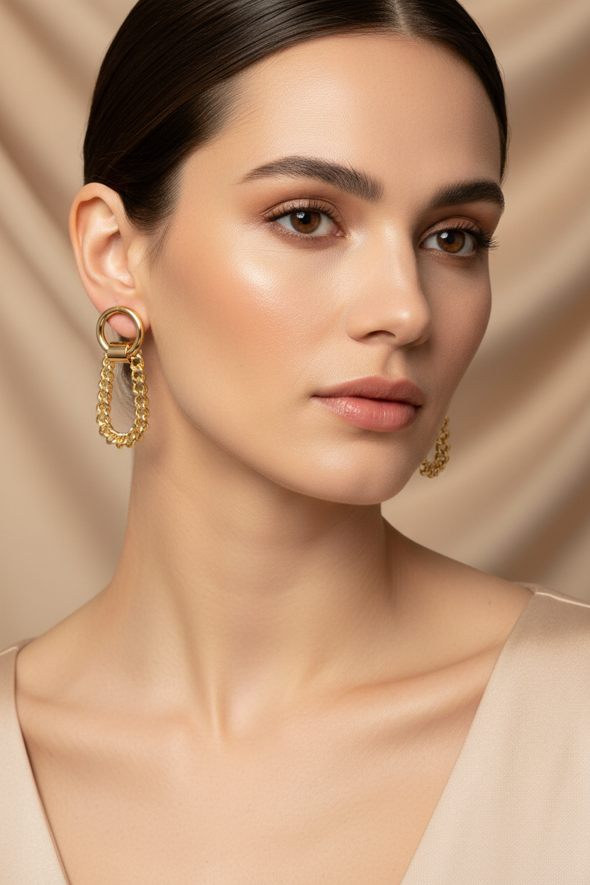 18K Gold Plated Hoop Drop Earrings with Curb Chain