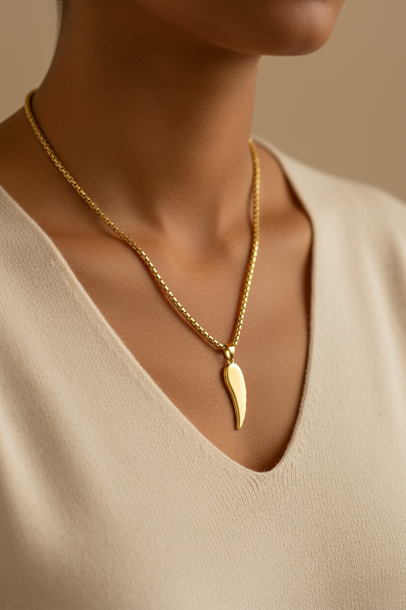 Gold Angel Wing Pendant Necklace on Model