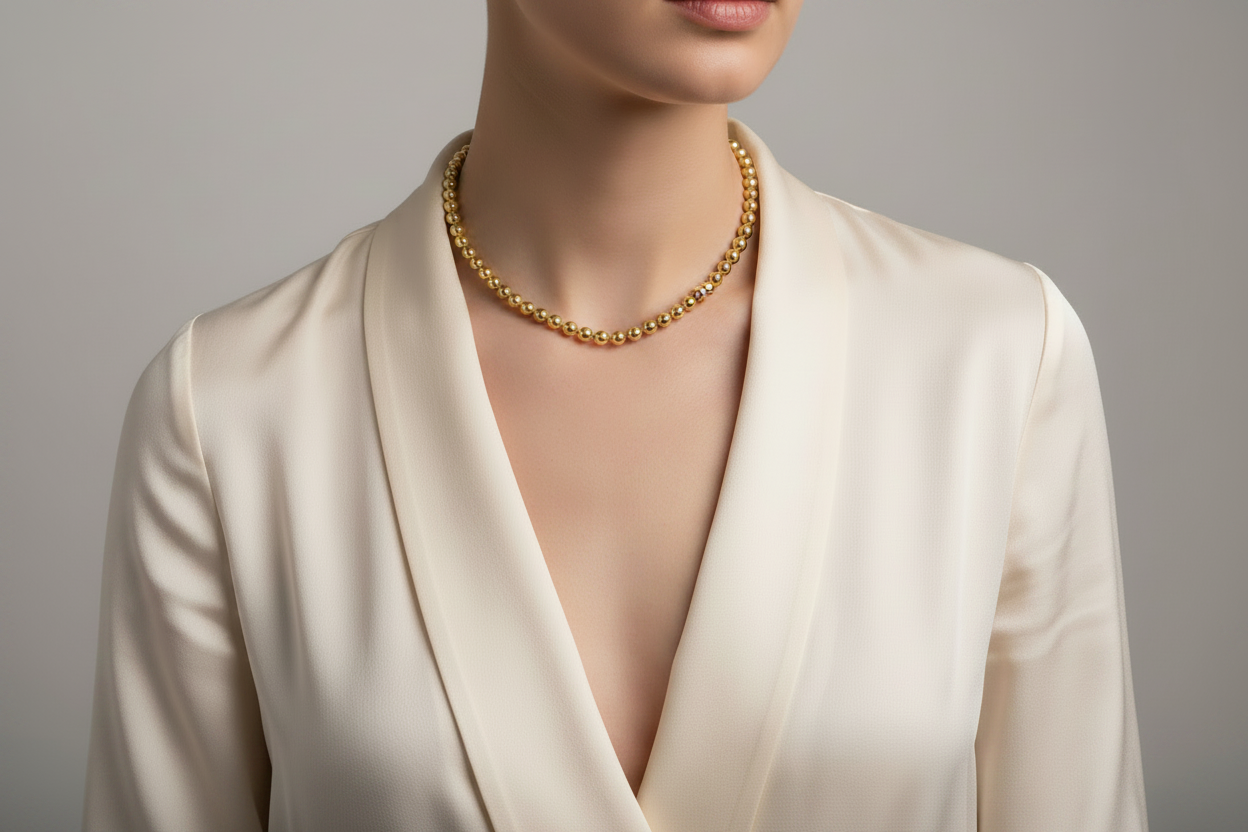 Gold Ball Bead Necklace Shorter on Model