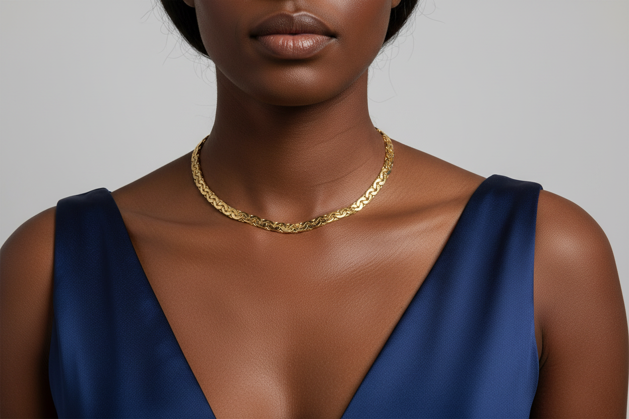 Gold Byzantine Chain Necklace on Black Model