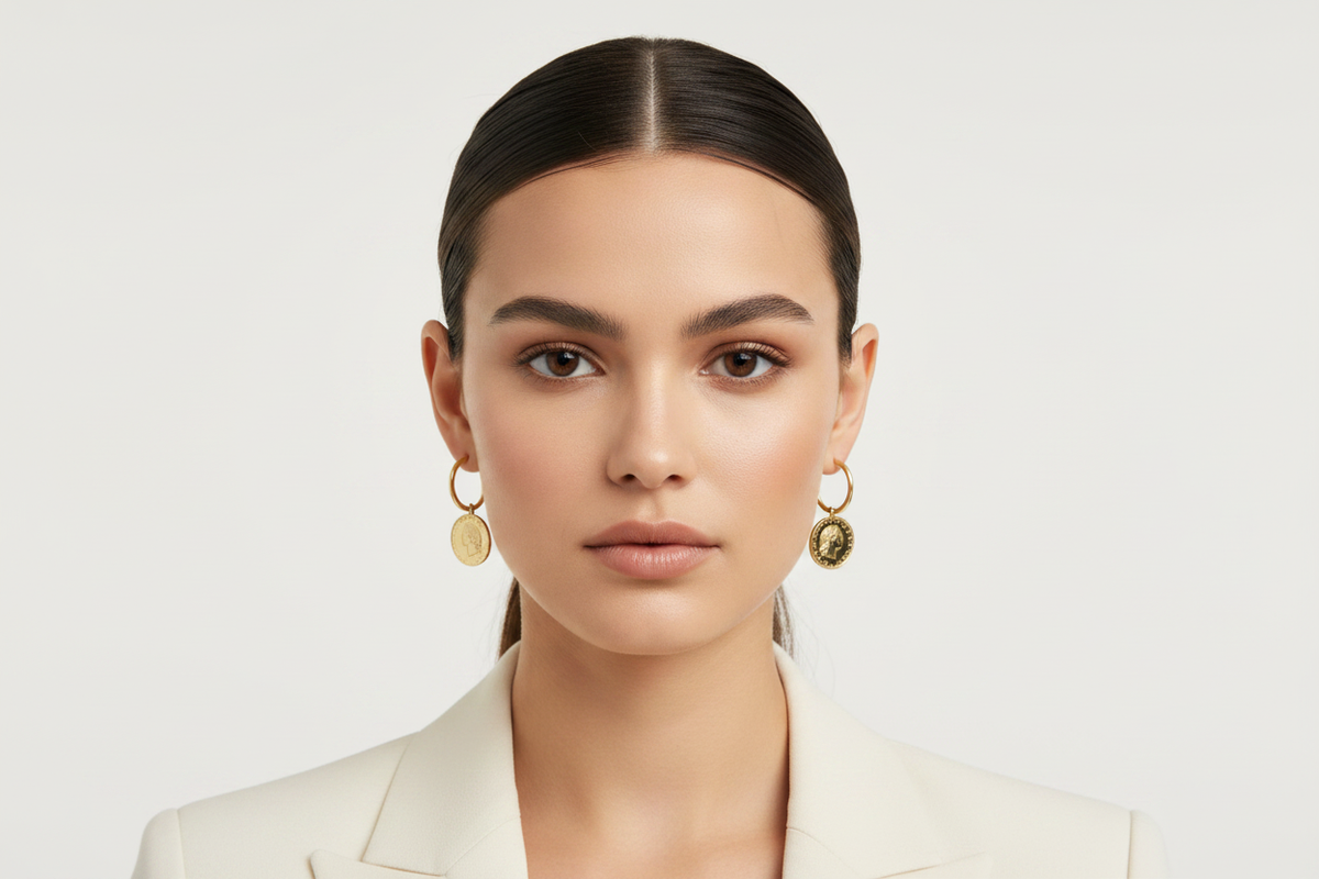 Gold Coin Drop Hoop Earrings on Model