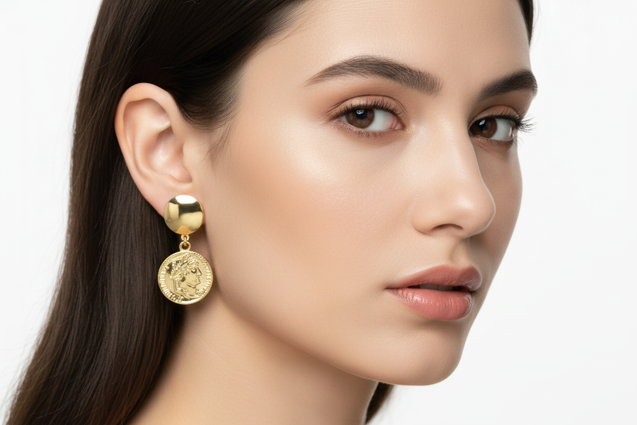 Gold Coin Drop Stud Earrings on Model
