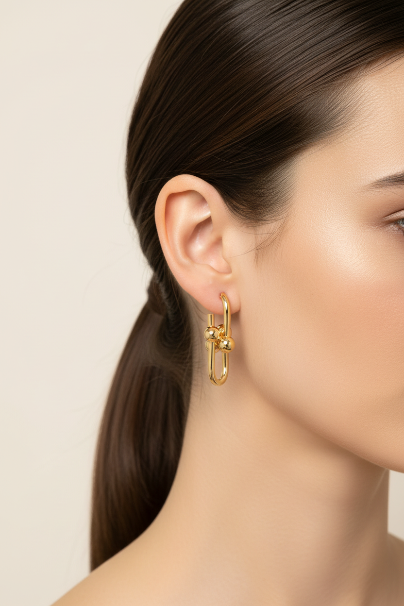 Gold hoop earrings with ball accents on model