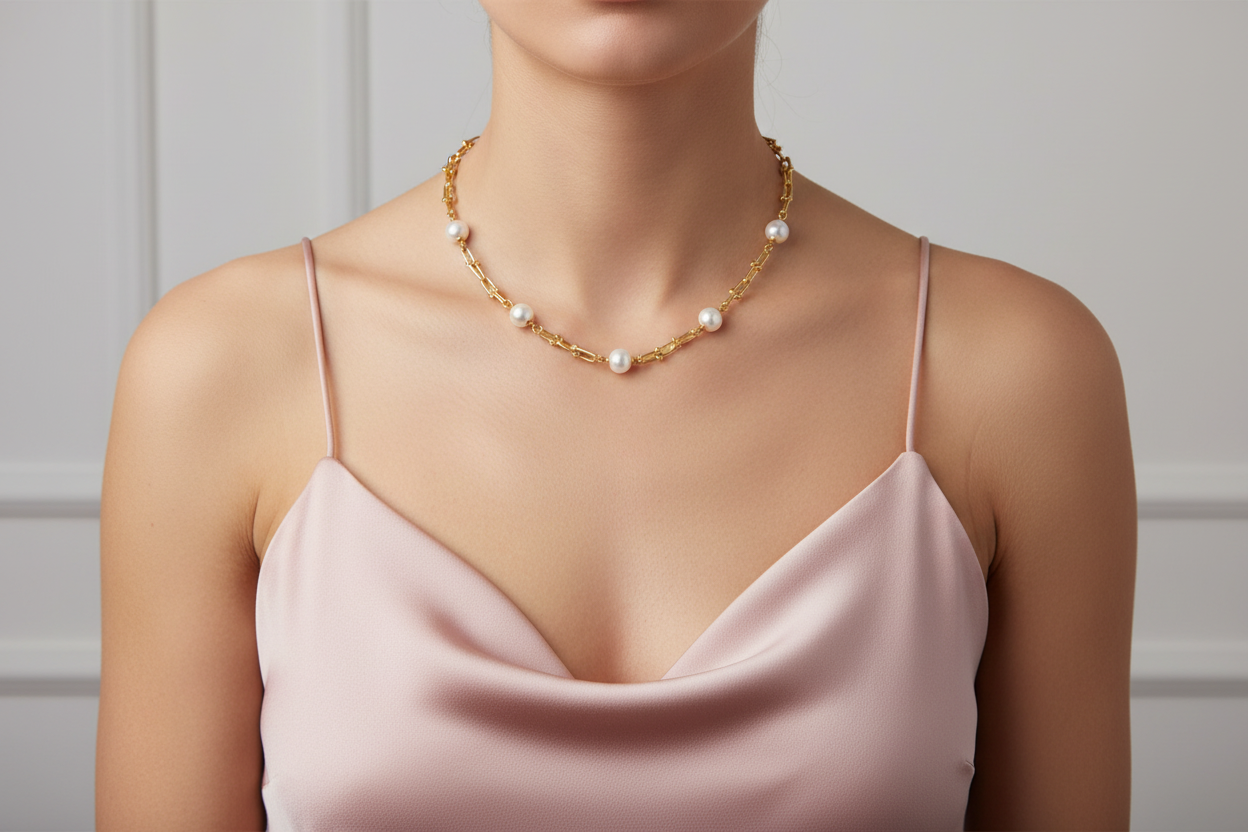 Gold Pearl Chain Necklace on Model in Pink