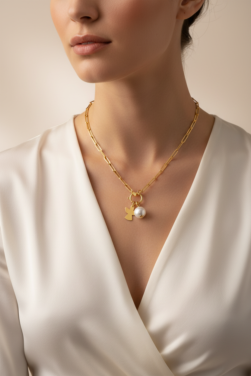 Gold Plated Paperclip Chain Necklace with Angel and Pearl on Model