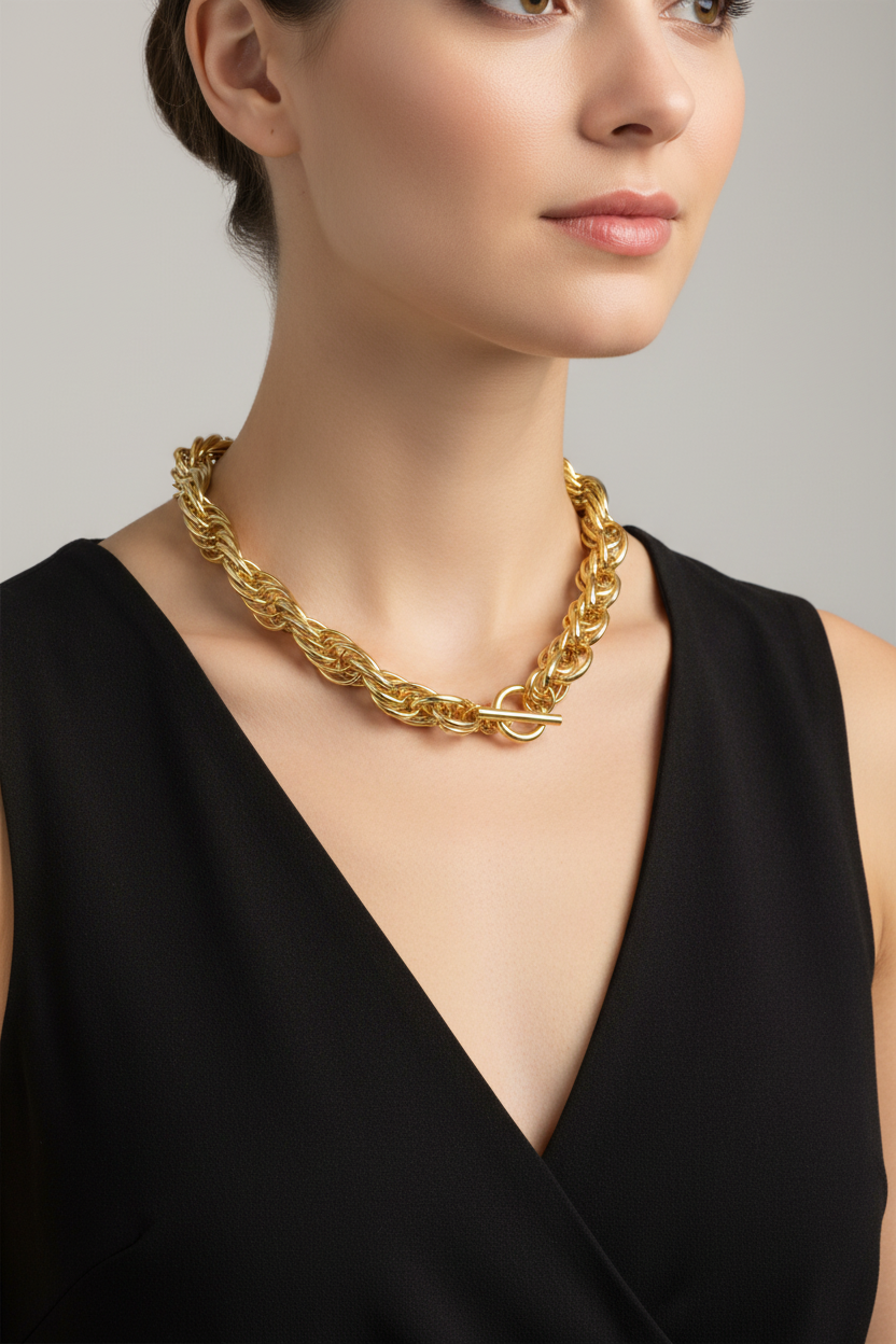 Gold Plated Rope Necklace on Model - Larger