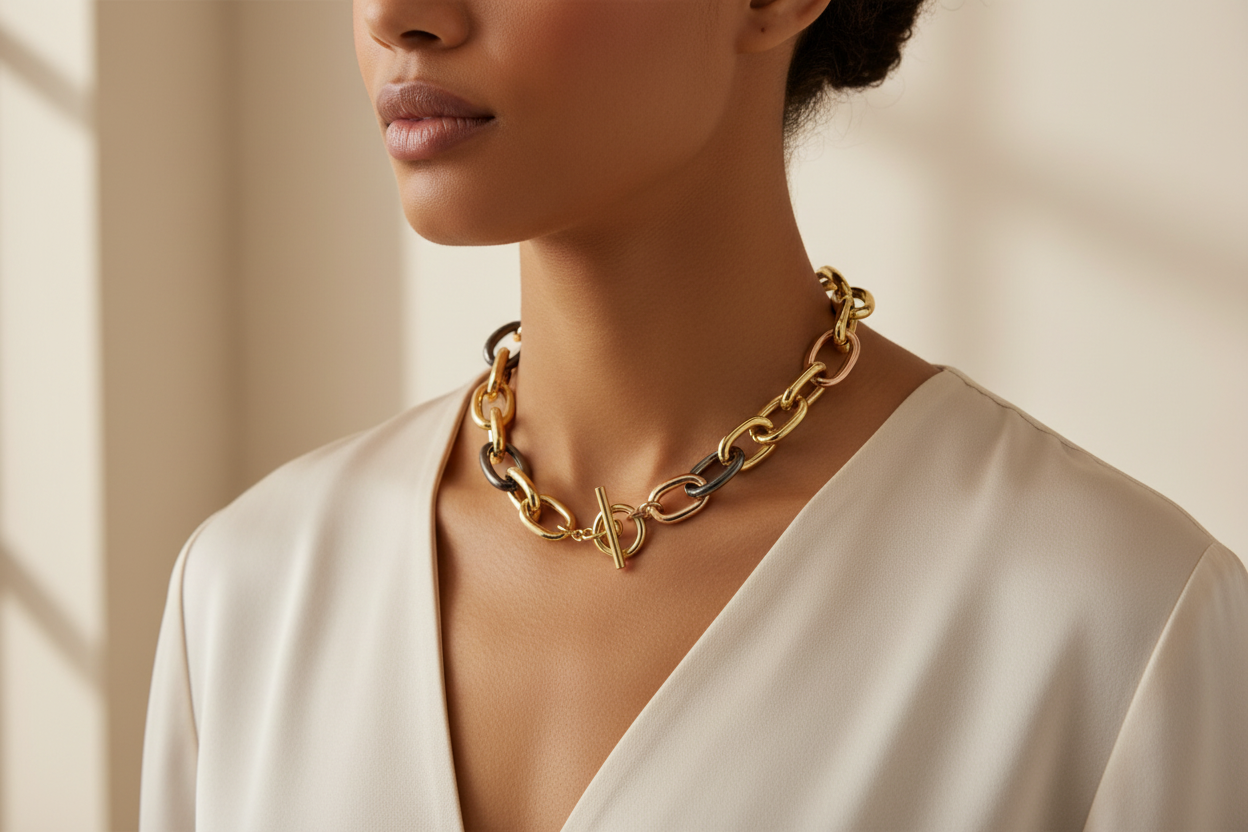 Gold Plated Tri Color 20 inch Chunky Necklace with Toggle on Model