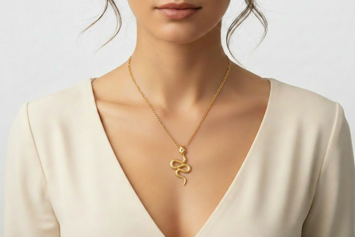 Gold Snake Pendant Necklace - Larger Overall on Model