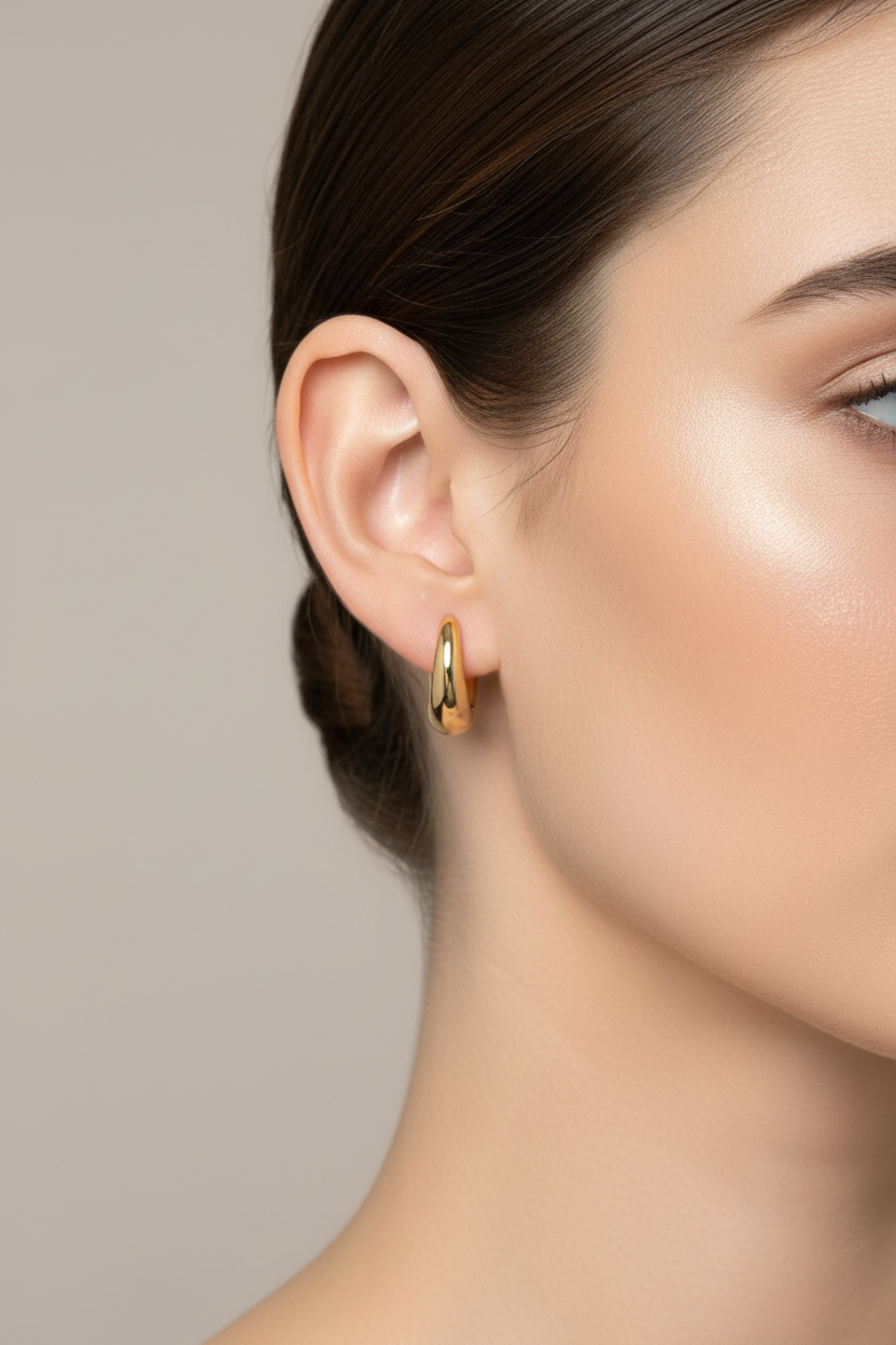 Gold Tapered Huggie Earrings on Model
