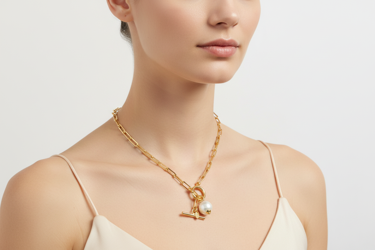 18 inch Gold Plated Paperclip Necklace with Toggle and Pearl on model