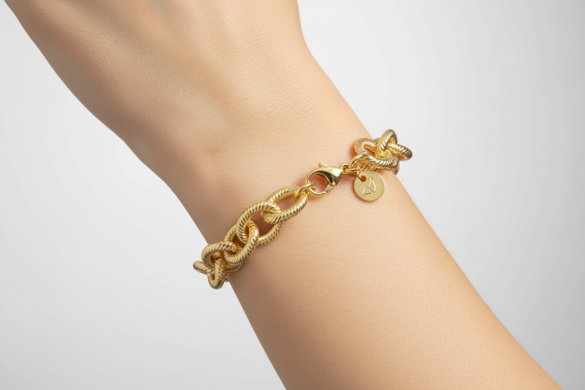 18K Gold Plated Textured Link Bracelet on model