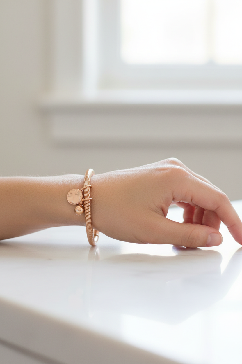Model wearing elegant 18kt rose gold plated stretch bangle bracelet with pink crystal flower charm and delicate bell