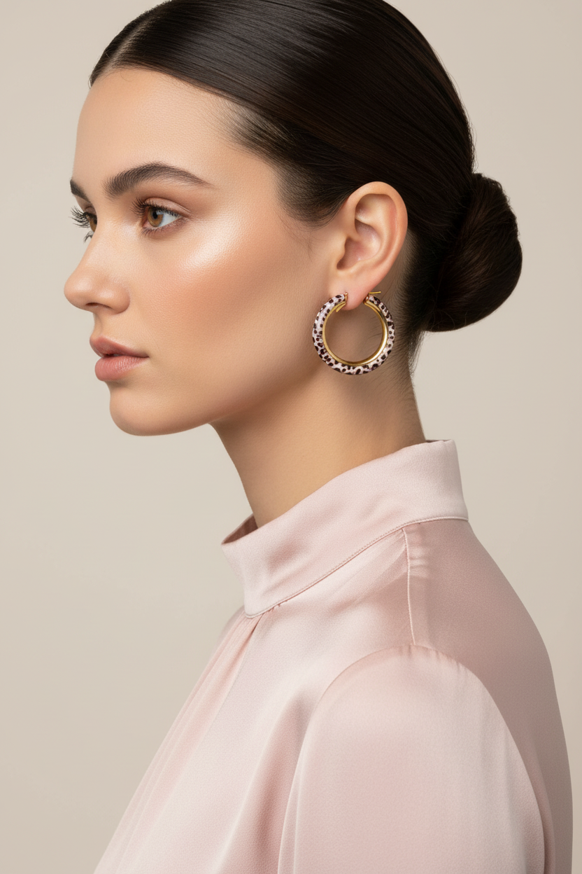 Leopard Print Hoop Earrings 35mm on Model in Pink