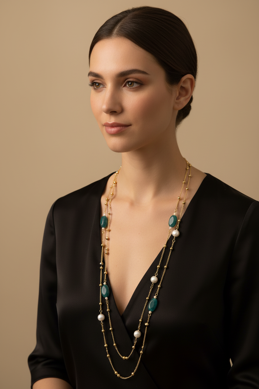 Long Jade Pearl Station Necklace - Single Strand Only