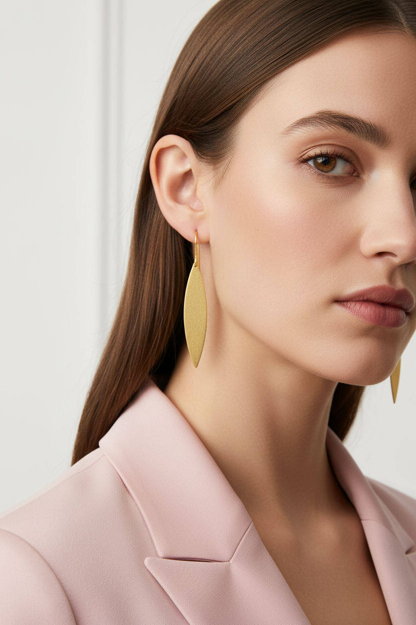 Model wearing gold earrings with pink outfit