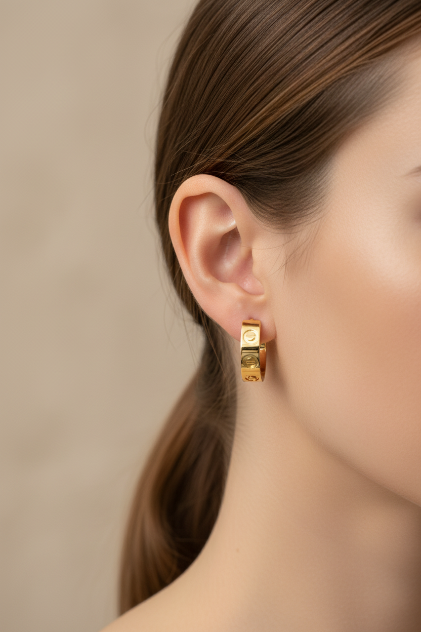 Model wearing gold hoop earrings