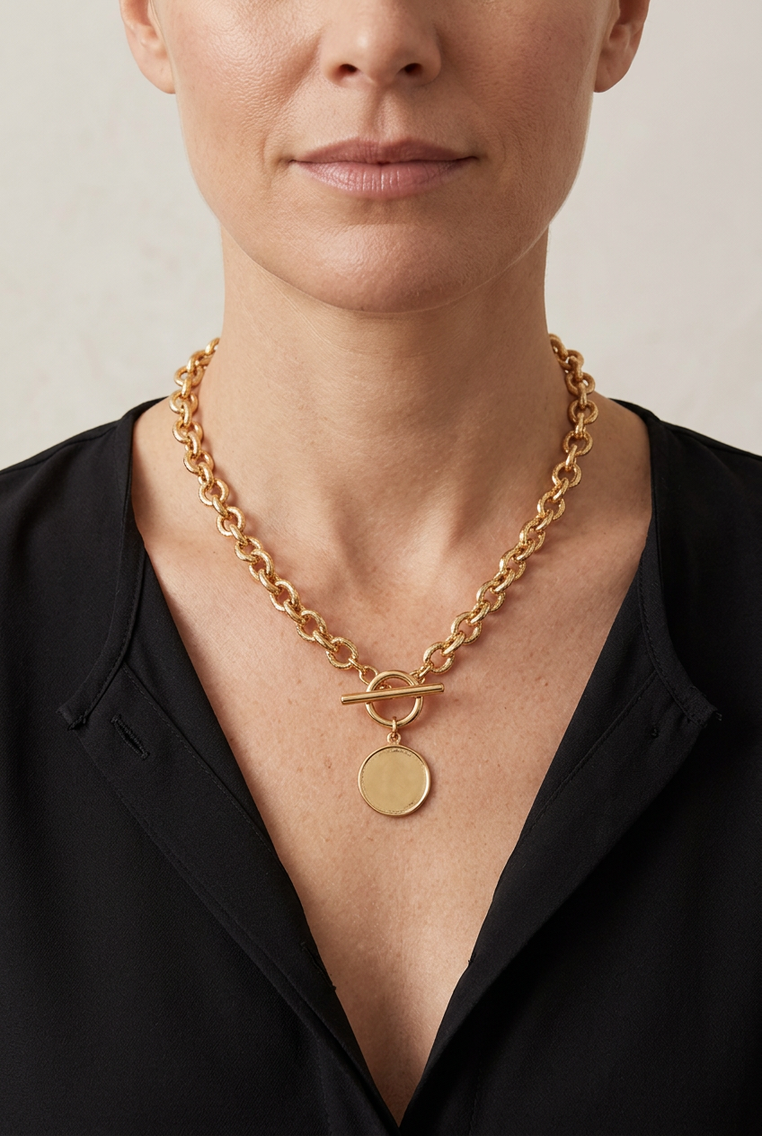 Model wearing the necklace with front toggle clasp and coin pendant