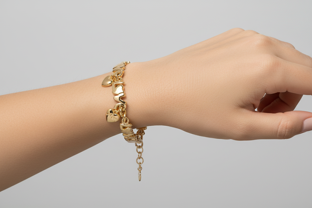 Mom heart charm bracelet on model