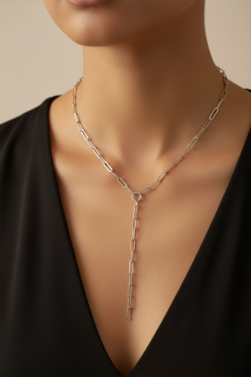 Paperclip Lariat Necklace - Model with Clothing