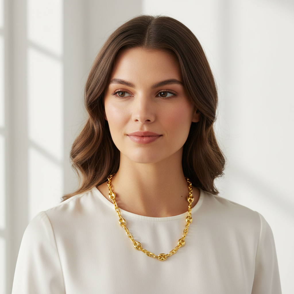 Puffed Marine Link Necklace - medium length on model