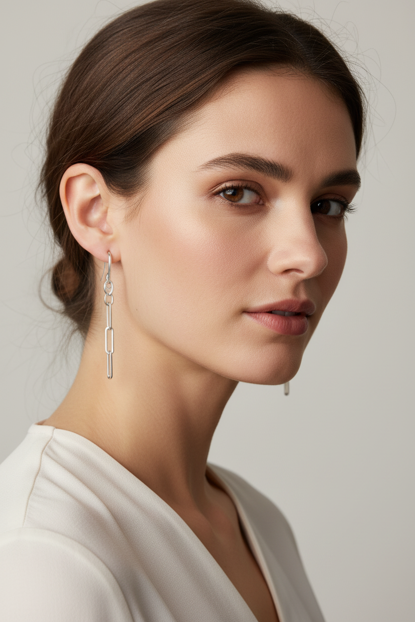 Silver earrings on a model