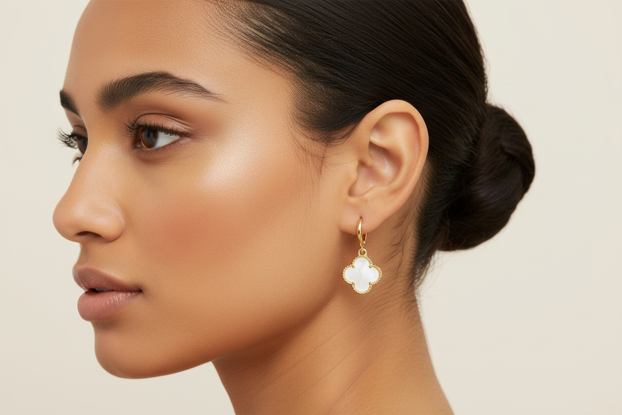 Single Mother of Pearl Clover Drop Huggy Earrings - Smaller Size