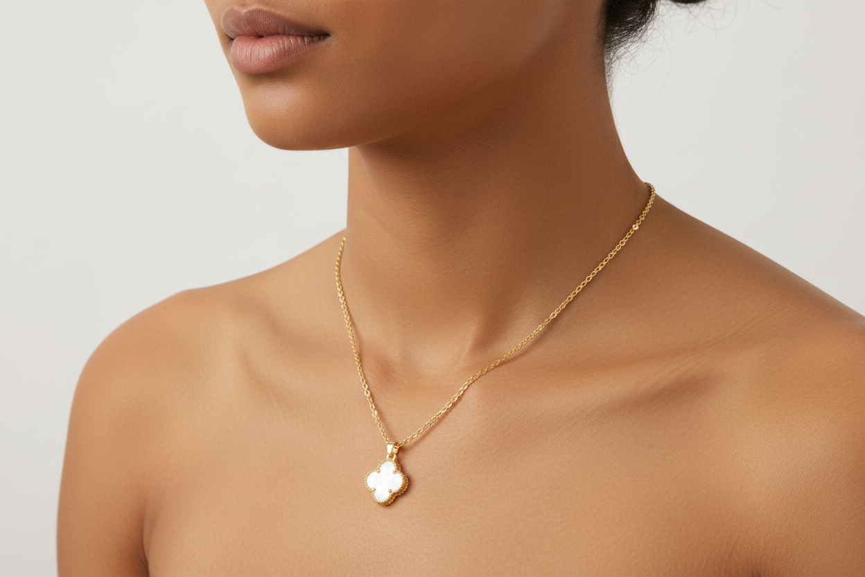 Single Mother Of Pearl Clover Pendant on 17 inch Rolo Chain - Ethnic Model