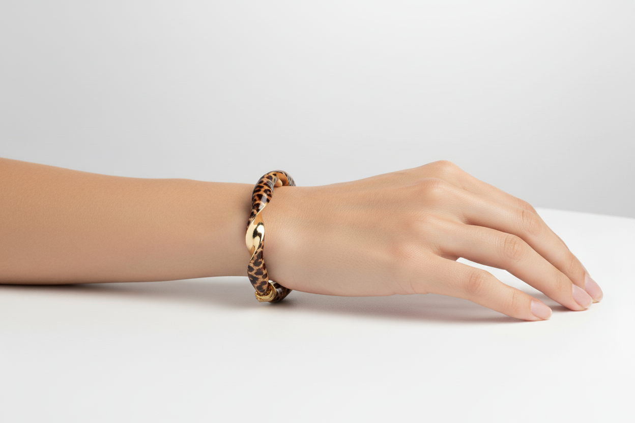 Slender Twisted Leopard Enamel Gold Bangle on Model Wrist